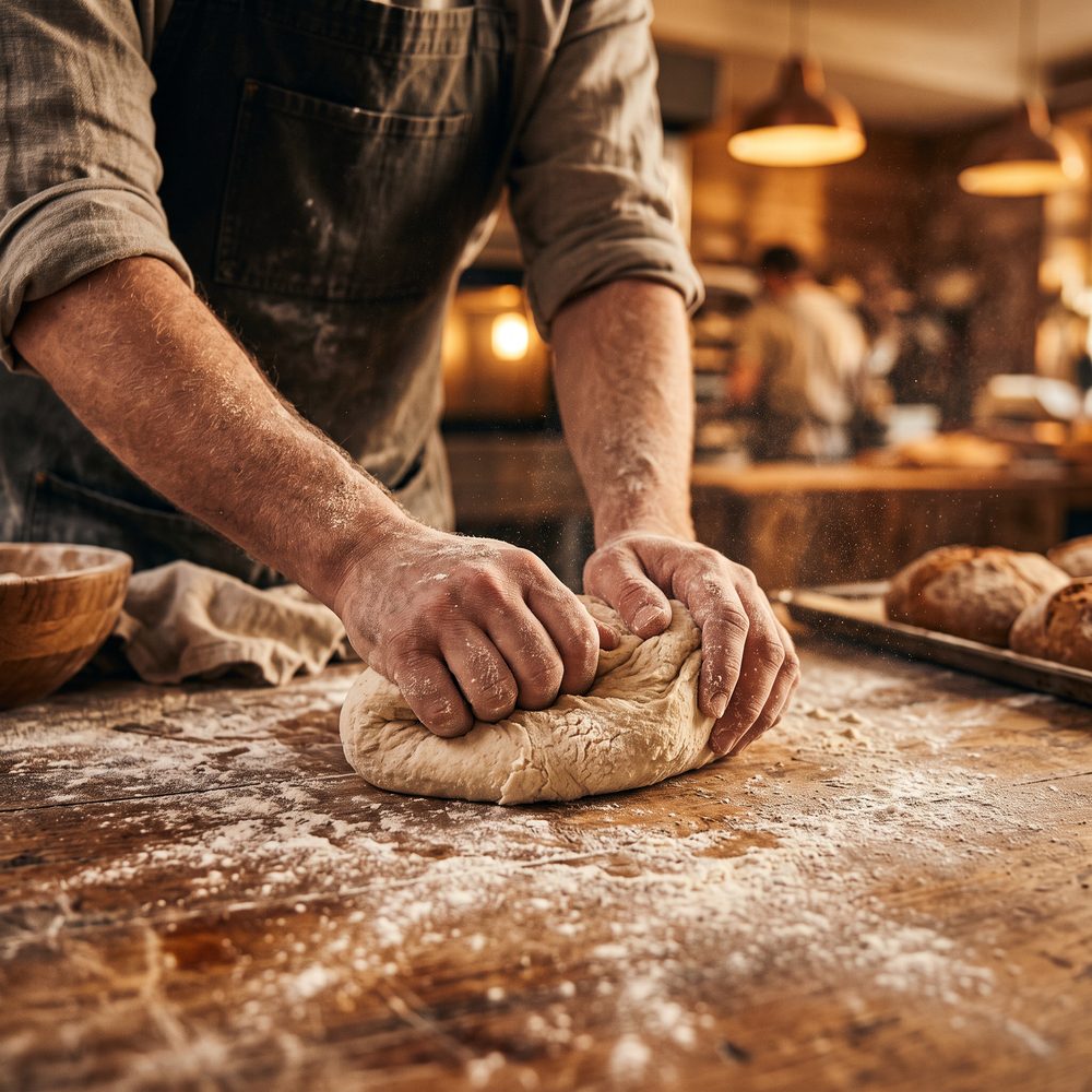 Mani che impastano il pane su un tavolo infarinato